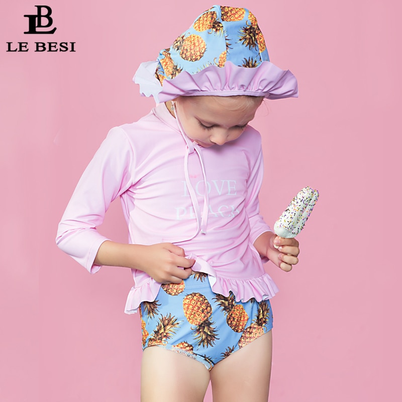Kinder Bademode Badeanzug Ananas Beachwear mit Badekappe Langarm – Bild 2