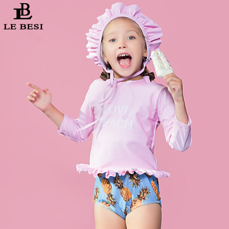 Kinder Bademode Badeanzug Ananas Beachwear mit Badekappe Langarm – Bild 3